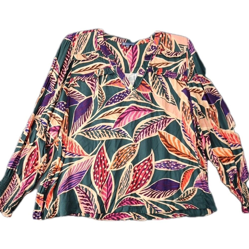 NWT Democracy Brown Boho Flowy Ruffled Neck Peasant Top Tunic 1X Feminine Earthy